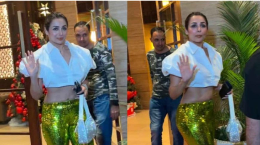 Malaika arora Slays New Year Eve Fit With Shimmery Green Pants, White backelss Crop Top.